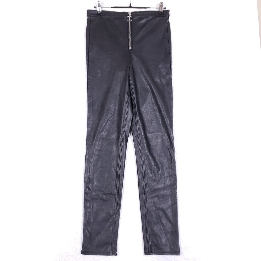H&M Divided Faux Leather‎ Pants 8 Black High Waisted Ring Zip Skinny Leggings